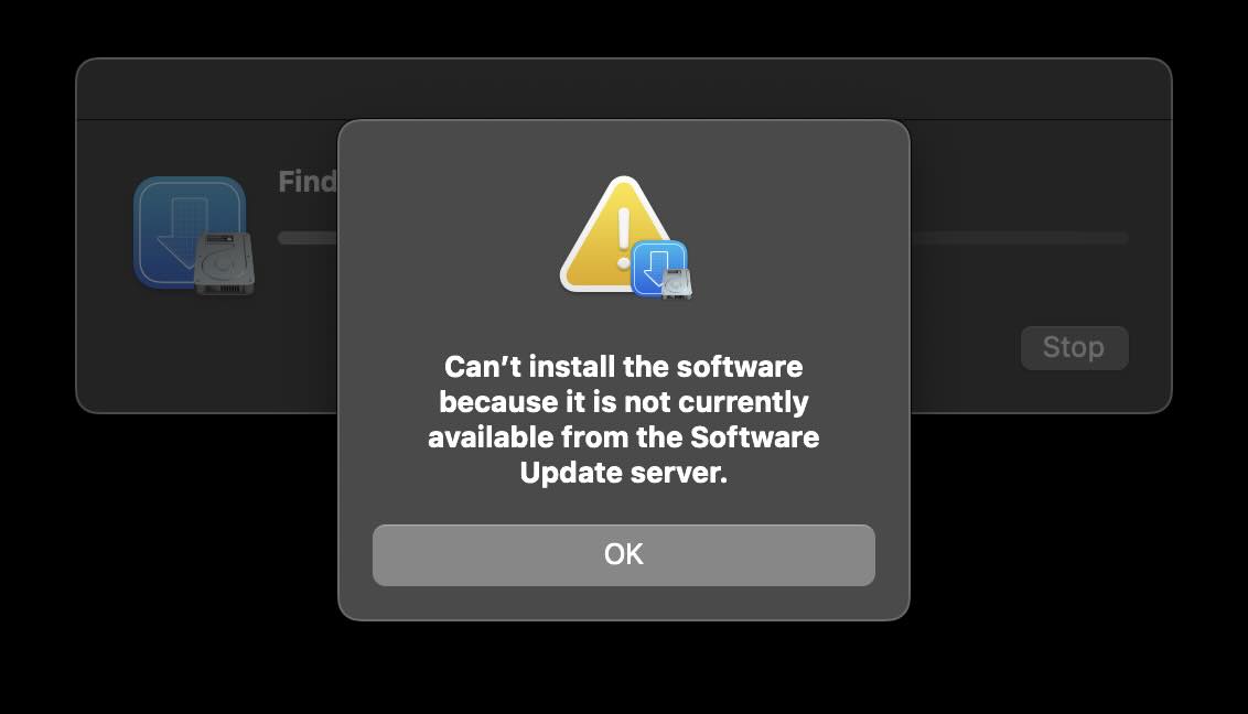 Cant install the software because it is not currently available from the Software Update server - macOS Sonoma